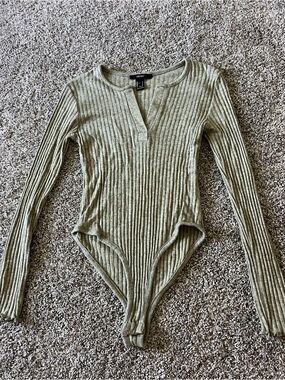 Forever 21 Olive Ribbed Long-Sleeve V-Notch Bodysuit